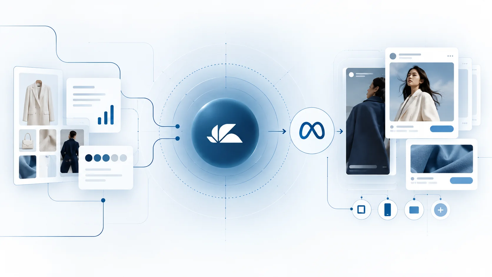 Fashion product images and data feed into Meta ad previews in several formats.