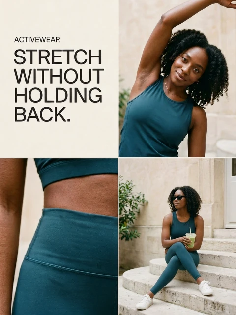 Teal activewear collage: stretching, fabric detail and seated model. “ACTIVEWEAR STRETCH WITHOUT HOLDING BACK.”